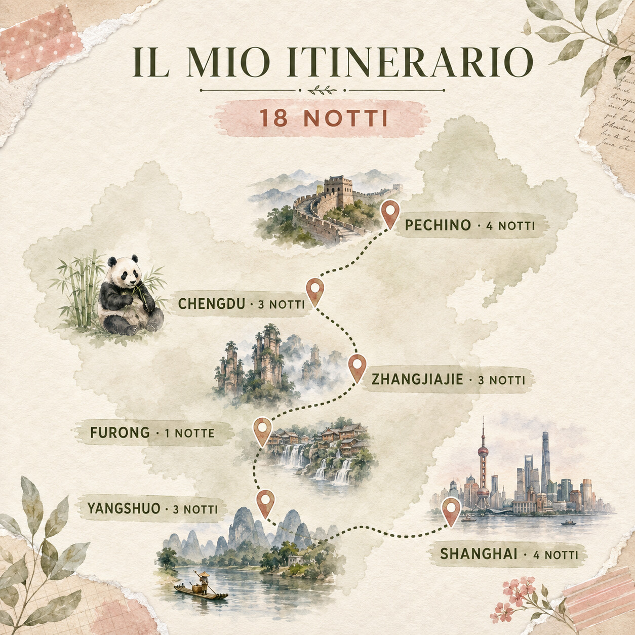 Mappa illustrata dell’itinerario di 18 notti tra Pechino, Chengdu, Zhangjiajie, Furong, Yangshuo e Shanghai
